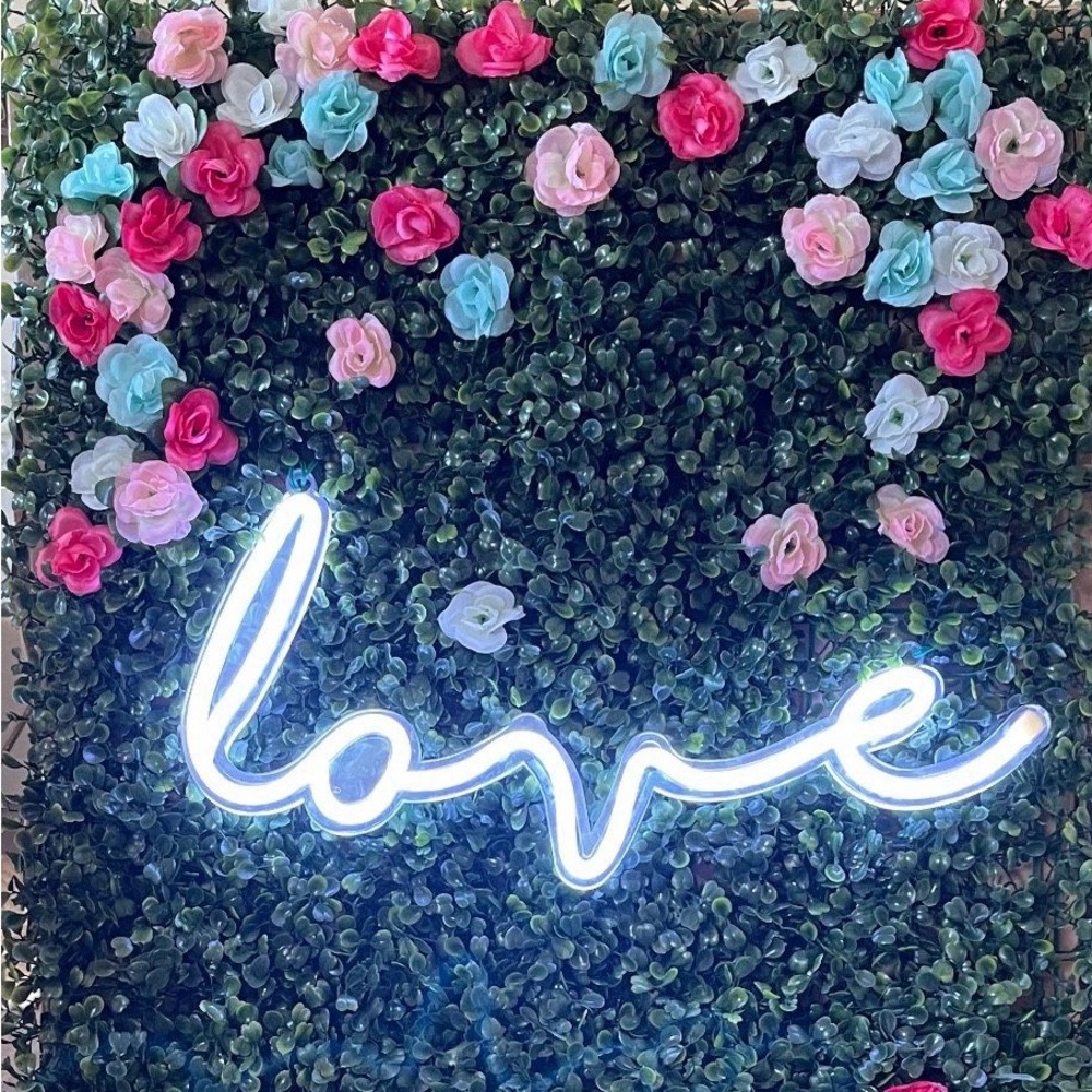 Faux Green Living Wall Art with Neon Love Light (USB powered)